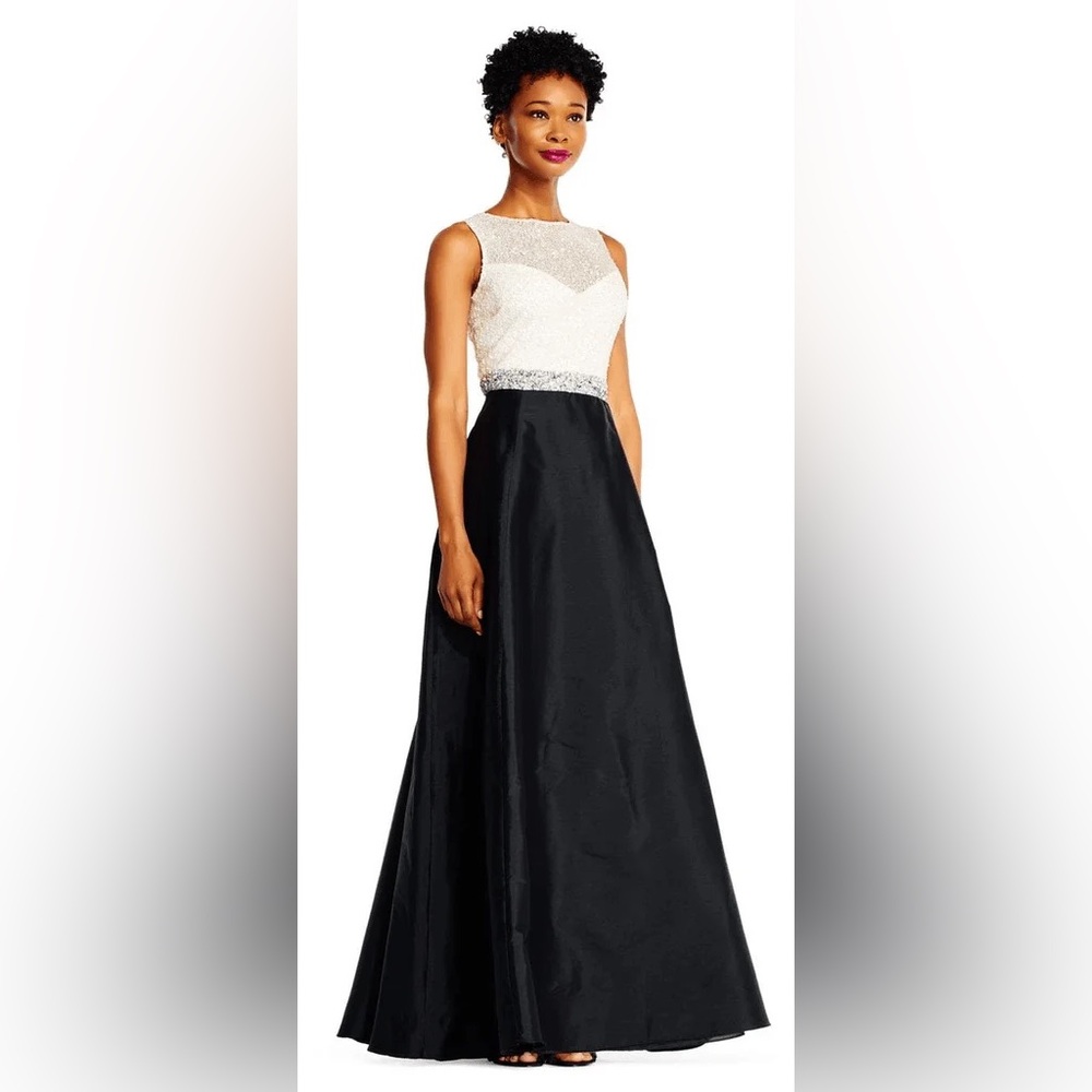 Adrianna Papell Formal Dress Womens Size 16W Ivory Beaded Bodice Black Taffeta